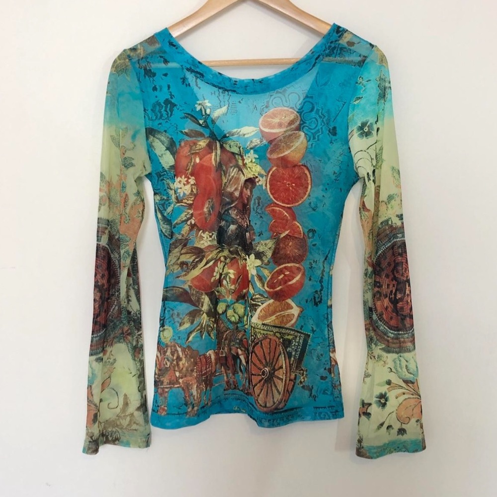 ISO save the queen blue and oranges horse carriage graphic print mesh top size S